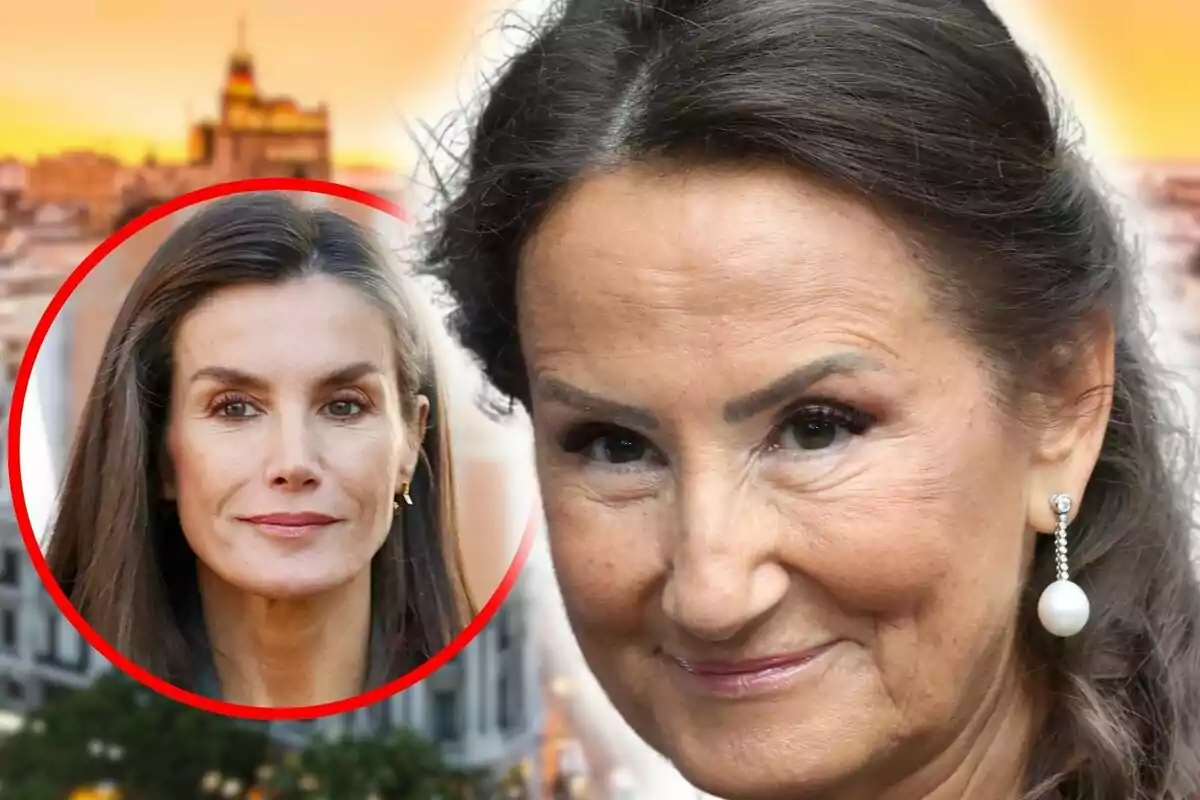 Letizia Ortiz y Paloma Rocasolano con expresiones serias, una en primer plano y otra en un círculo rojo sobre un fondo urbano al atardecer.