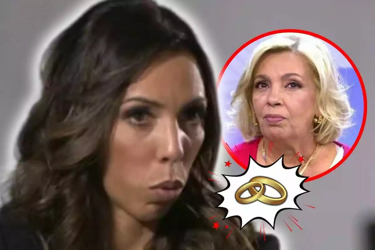 Dos mujeres en la imagen, Paola Olmedo en primer plano y Carmen Borrego en un círculo rojo con un ícono de anillos de matrimonio.