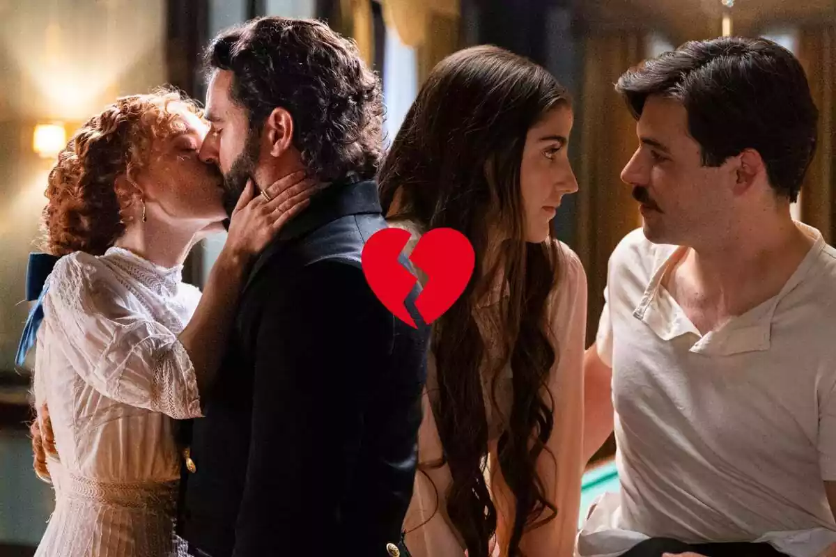 Montaje de fotos de dos parejas de personajes de la serie 'La Promesa', Mauro y Leonor, y Jimena y Manuel, con un corazón roto en el centro