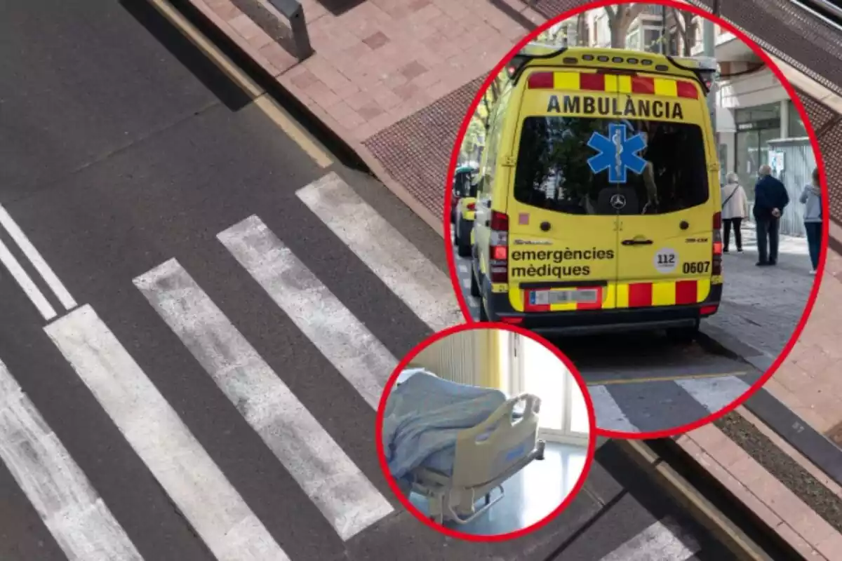 Montaje de fotos de un paso peatonal y, al lado, una ambulancia de Cataluña y una cama de hospital