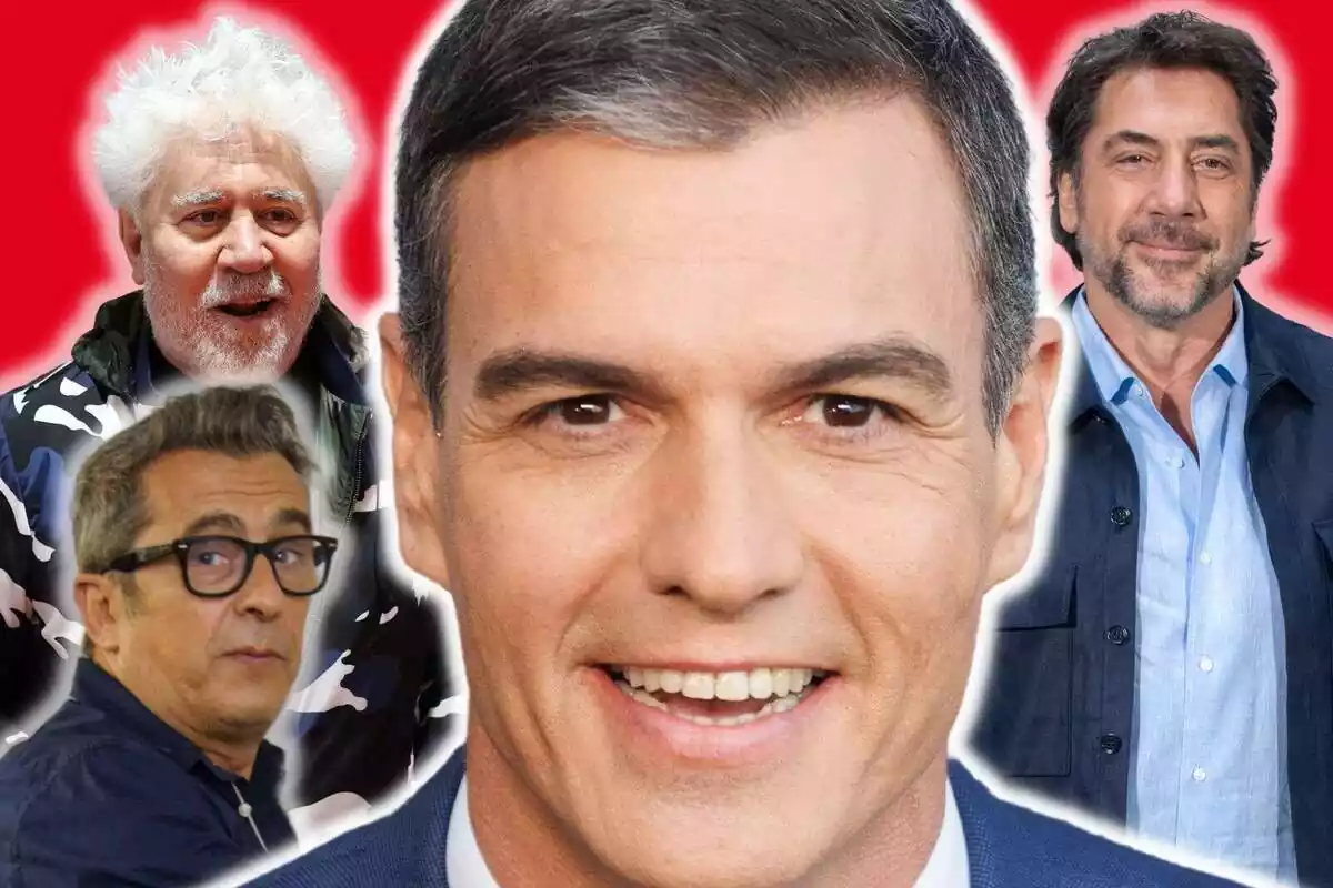 Montaje de fotos de primer plano de Pedro Sánchez, Pedro Almodóvar, Javier Bardem y Andreu Buenafuente