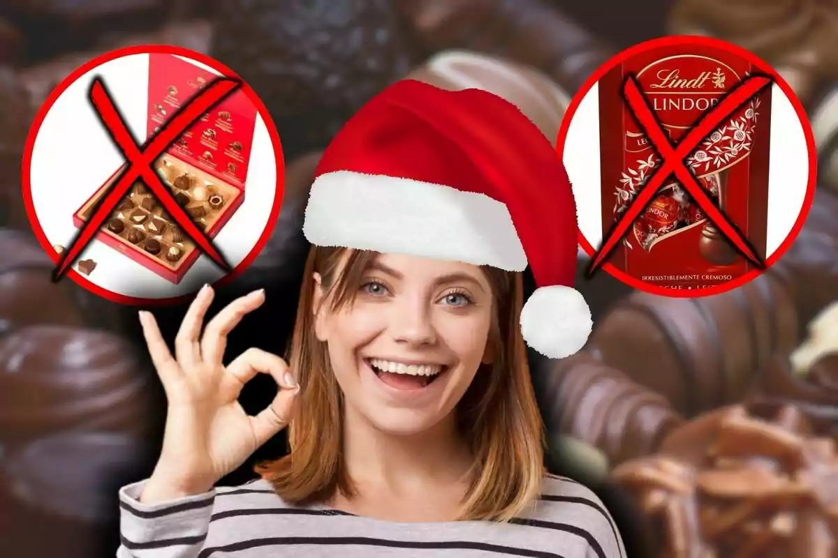 Una persona sonriente con gorro de Navidad hace un gesto de "ok" mientras dos cajas de chocolates están tachadas en el fondo.