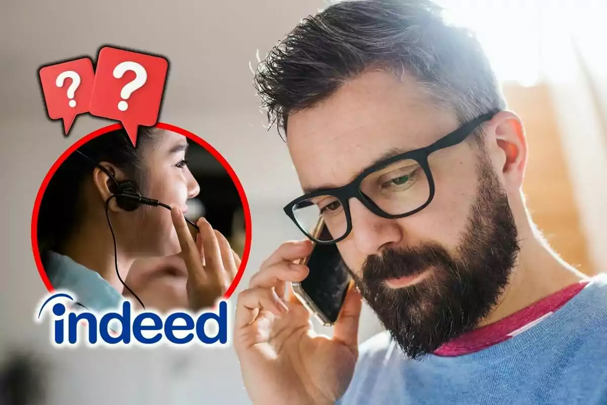 Hombre con gafas hablando por teléfono y una mujer con auriculares en un círculo con el logo de Indeed y signos de interrogación.