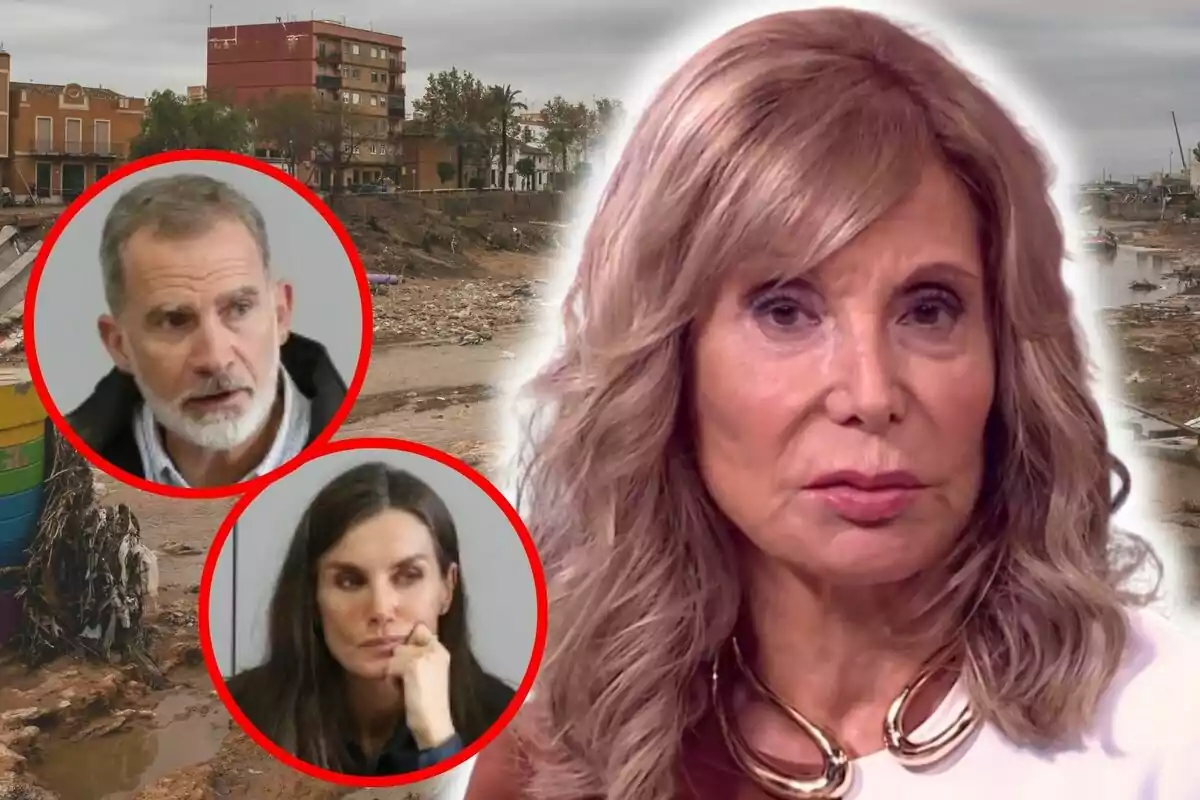 Montaje de fotos de Pilar Eyre en primer plano con dos personas en círculos rojos -el rey Felipe de Borbón y la reina Letizia Ortiz- sobre un fondo de un área urbana de Valencia afectada por el paso de la DANA.