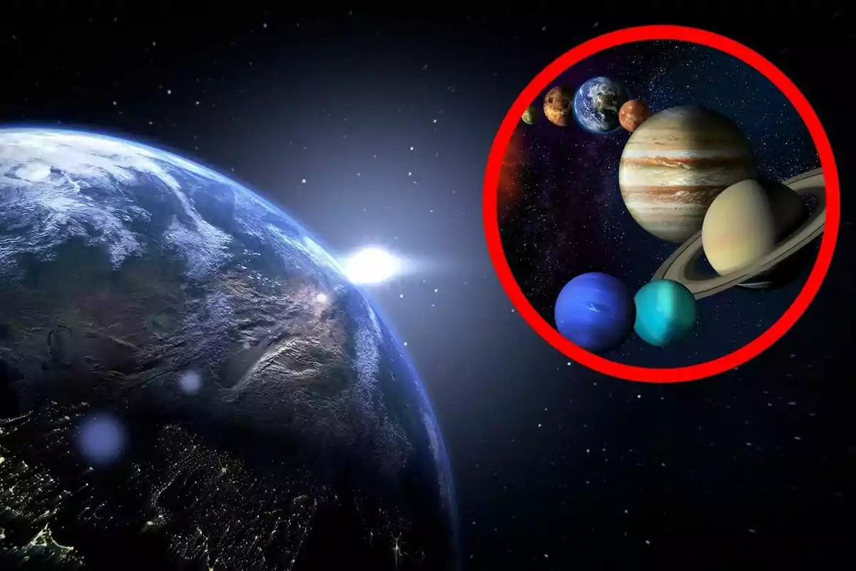 Vista de la Tierra desde el espacio con una ilustración de los planetas del sistema solar en un círculo rojo. Vista de la Tierra desde el espacio con una ilustración de los planetas del sistema solar en un círculo rojo.
