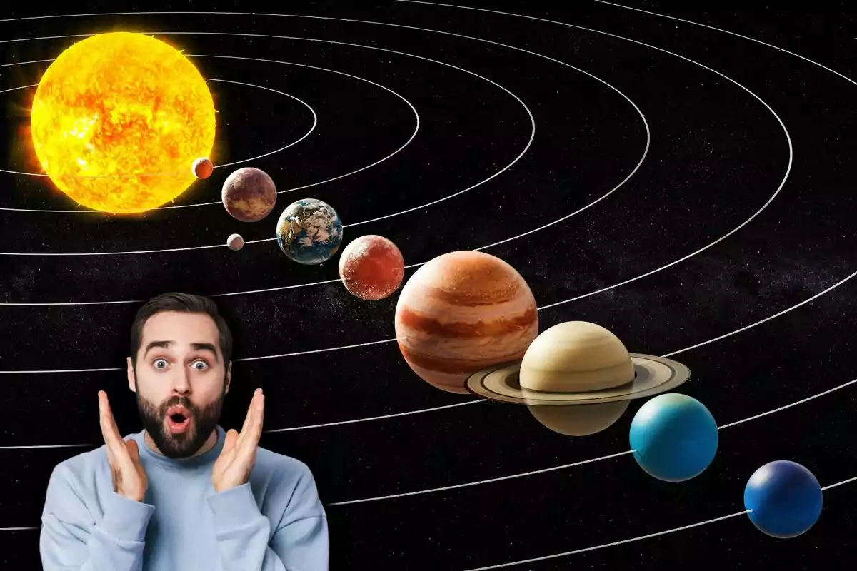Un hombre sorprendido con las manos en las mejillas frente a una representación del sistema solar con los planetas alineados y el sol al fondo. Un hombre sorprendido con las manos en las mejillas frente a una representación del sistema solar con los planetas alineados y el sol al fondo.