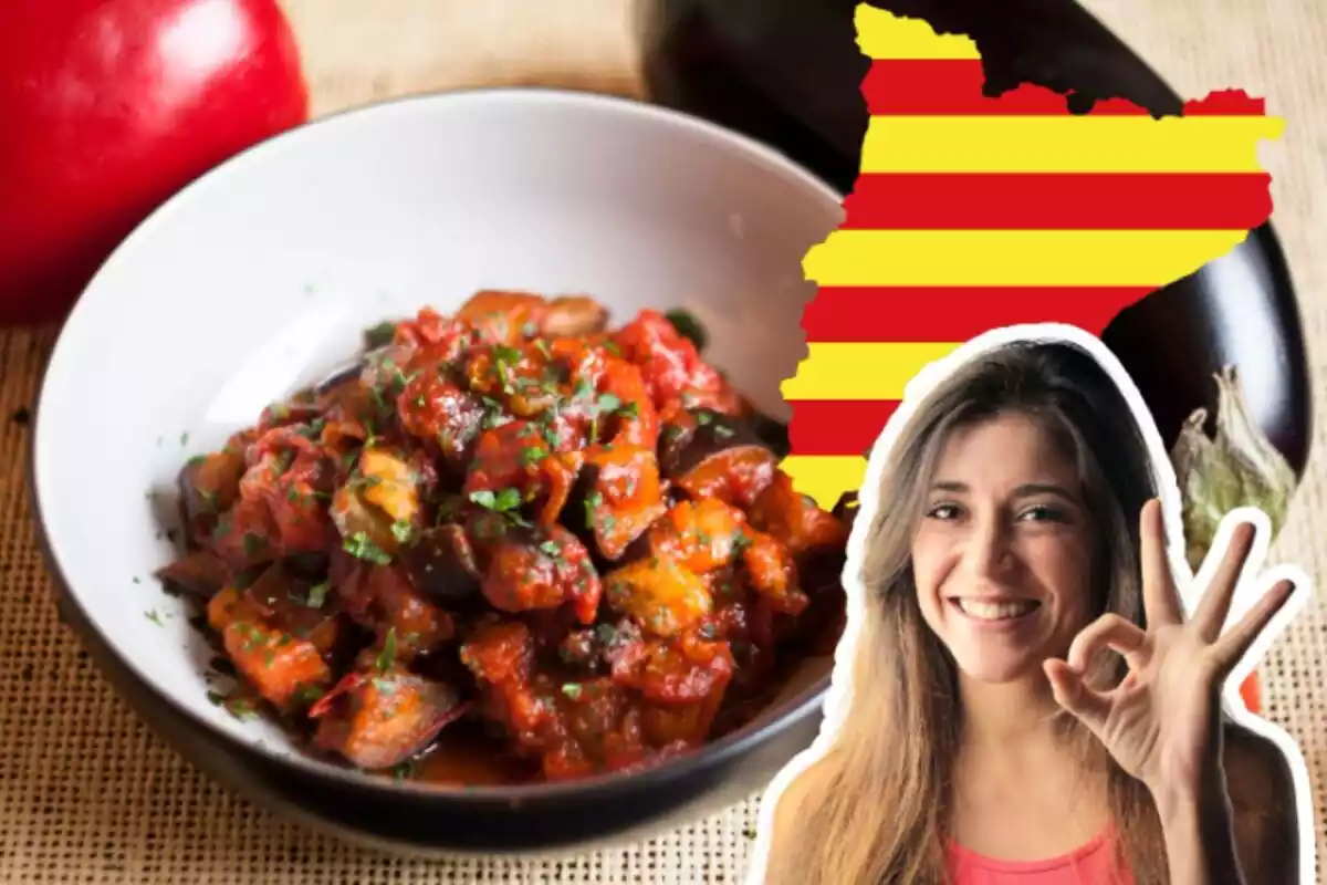Montaje de fotos de un plato de comida, la silueta de Cataluña y una persona feliz