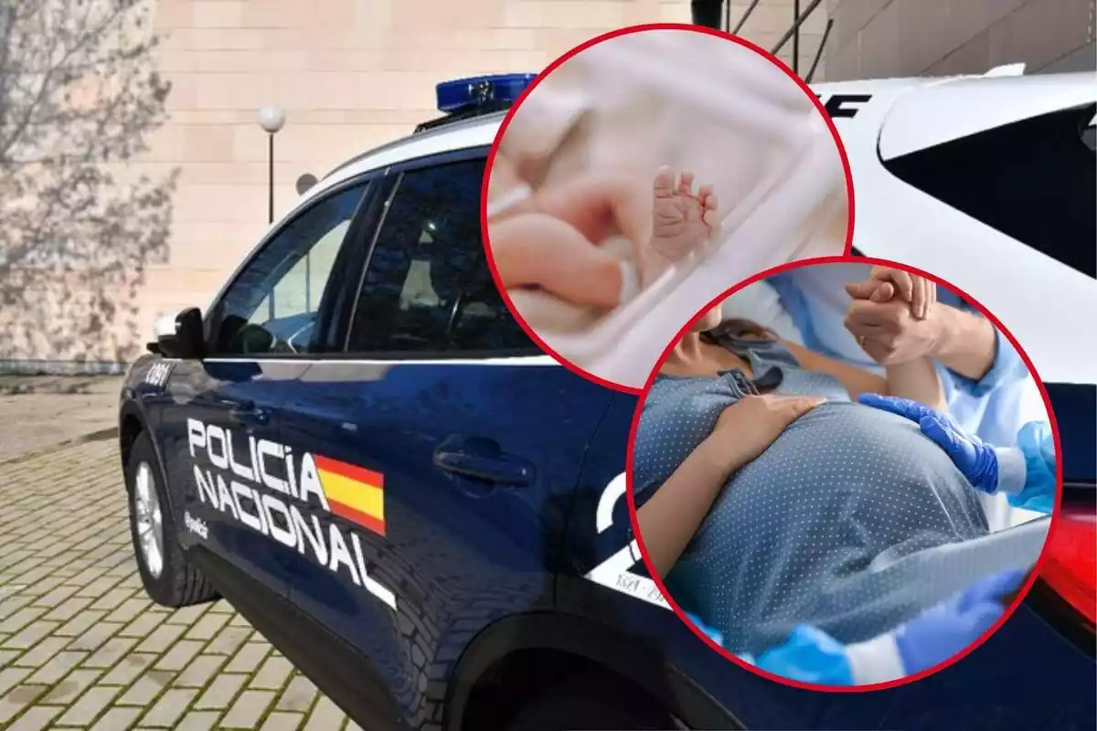 Montaje de fotos de un coche de policía nacional, una mujer embarazada y un bebé recién nacido