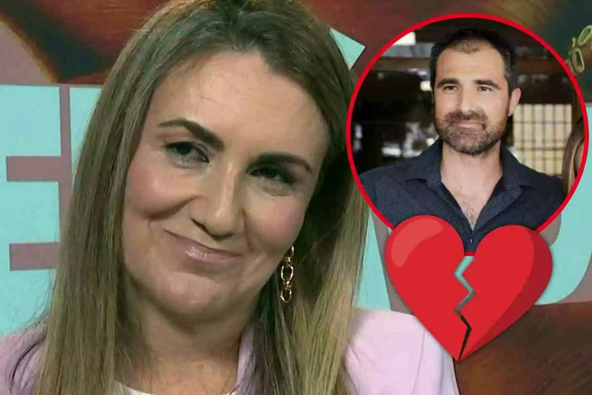 Carlota Corredera en primer plano con un círculo que muestra a Carlos Maza y un corazón roto superpuesto