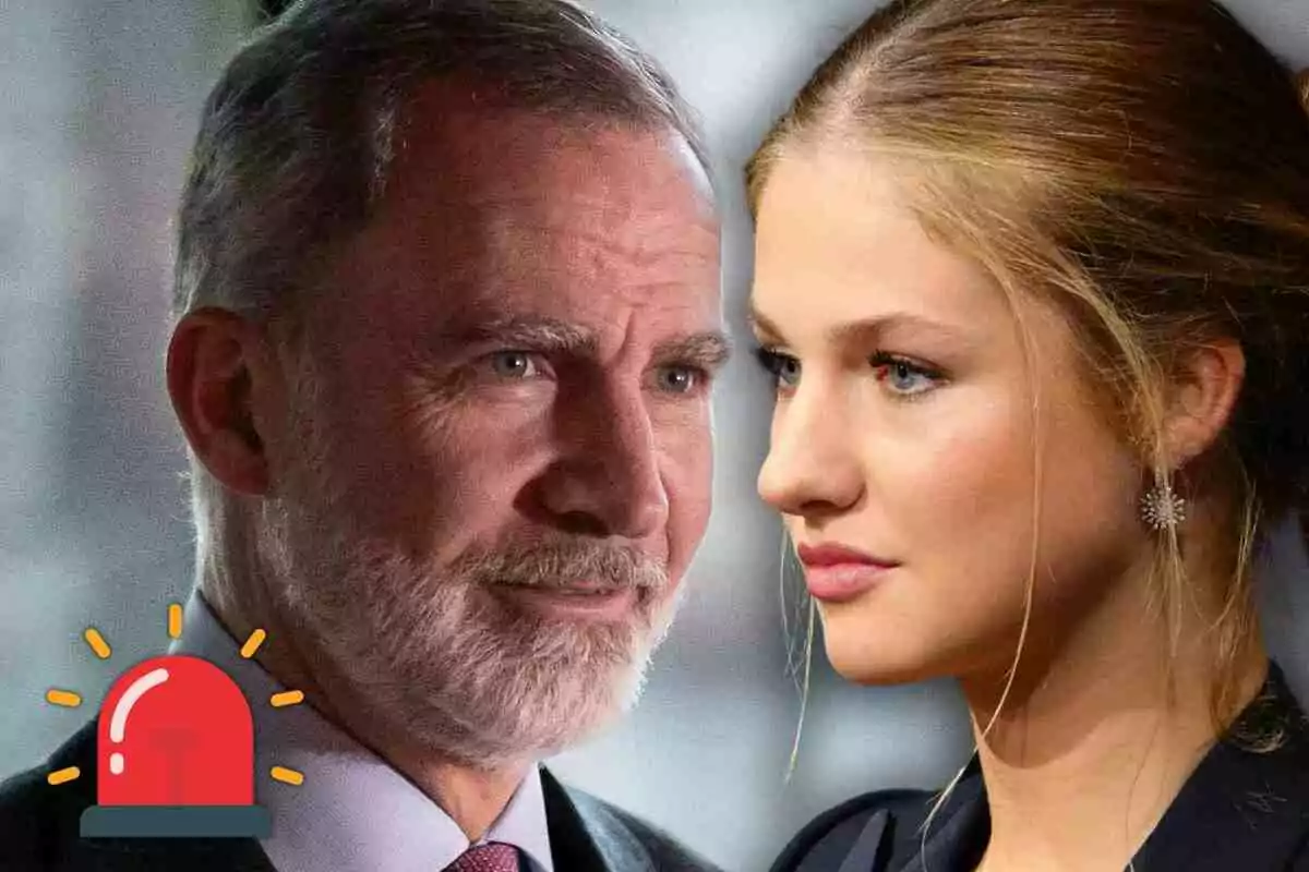 El rey Felipe con barba canosa y la princesa Leonor mirándose de frente con una sirena de alarma roja en la esquina inferior izquierda