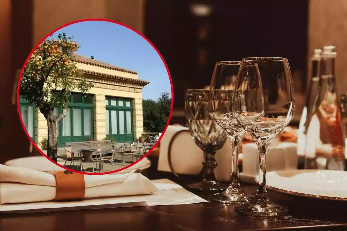 Montaje de fotos con la imagen de una mesa de un restaurante y una imagen circular de un edificio de la Font del Gat de Barcelona