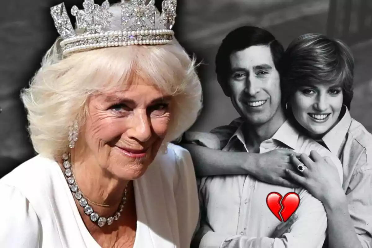 Camila Parker con corona y joyas sonríe en primer plano mientras en el fondo se ve una foto en blanco y negro de Carlos III y Lady Di abrazados con un emoji de corazón roto.