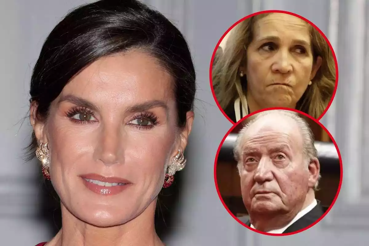 Montaje de fotos de la reina Letizia en primer plano con dos imágenes en círculos, la infanta Elena y el rey emérito Juan Carlos I