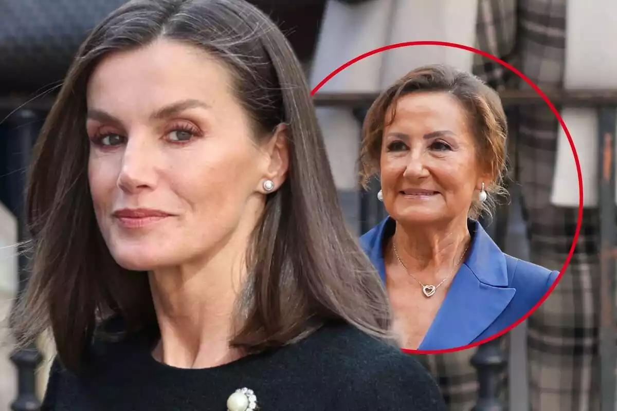 Montaje de fotos de la reina Letizia en primer plano mirando a cámara y una imagen circular de su madre, Paloma Rocasolano