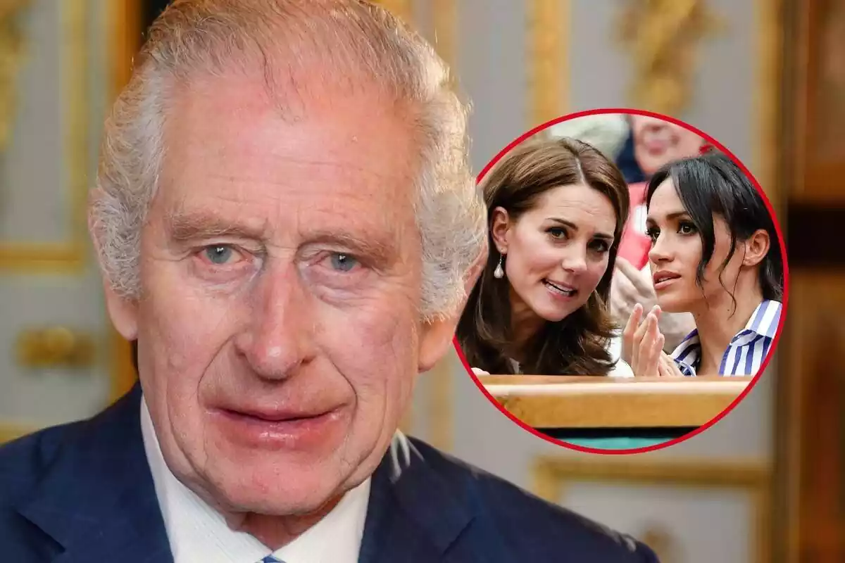 Montaje de fotos del rey Carlos III de Inglaterra en primer plano mirando a cámara y una imagen circular de Kate Middleton junto a Meghan Markle