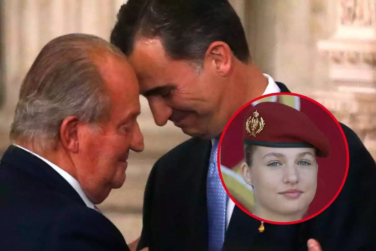 Montaje de fotos del rey emérito, Juan Carlos I, y su hijo, el rey Felipe VI, abrazados y una imagen de la princesa Leonor durante el desfile del 12 de octubre