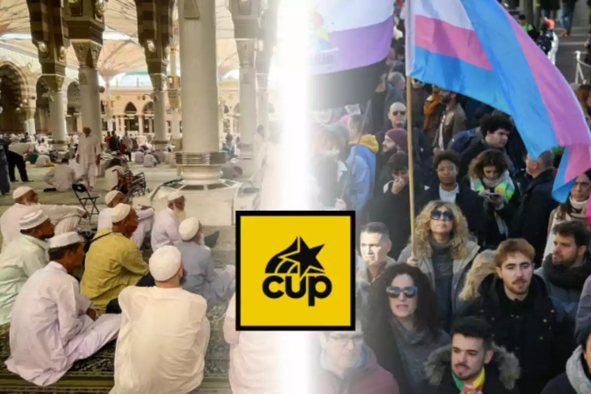Un grupo de personas con vestimenta tradicional se encuentra sentado en el interior de una mezquita a la izquierda, mientras que a la derecha hay una multitud en una manifestación con banderas de colores, en el centro aparece un logotipo amarillo y negro de la CUP. Un grupo de personas con vestimenta tradicional se encuentra sentado en el interior de una mezquita a la izquierda, mientras que a la derecha hay una multitud en una manifestación con banderas de colores, en el centro aparece un logotipo amarillo y negro de la CUP.