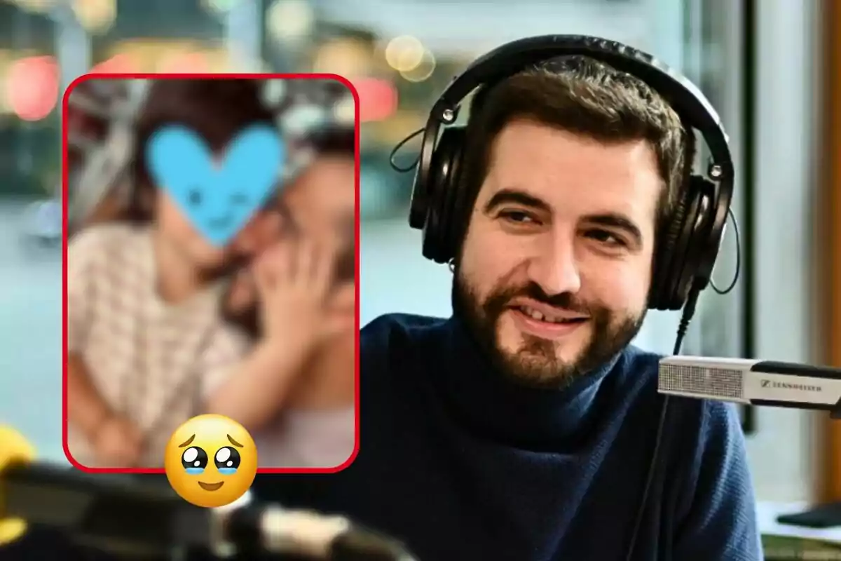 Montaje de fotos de Ricard Ustrell durante un programa de 'Catalunya Ràdio' y una imagen desenfocada de él junto a su hija y un emoticono.