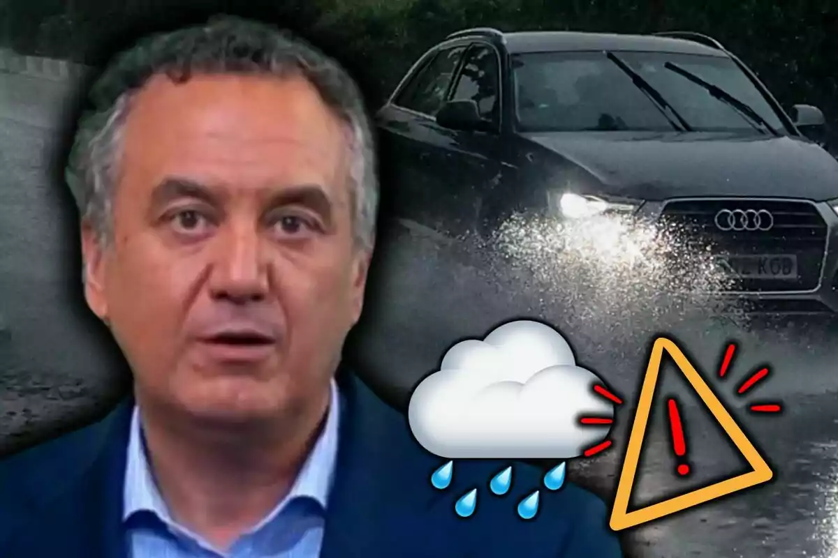 Montaje de fotos de Roberto Brasero frente a un coche en una carretera mojada con iconos de nube de lluvia y advertencia.