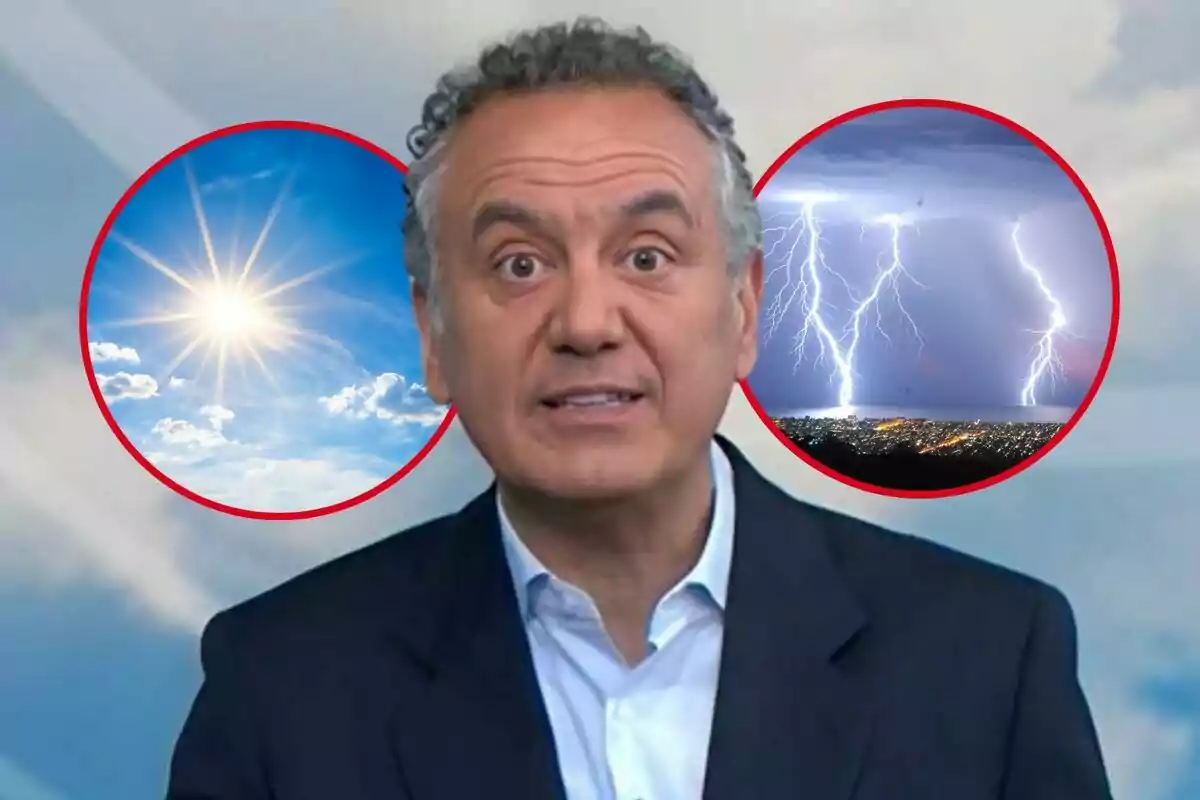 Roberto Brasero, con traje oscuro y camisa blanca, está hablando frente a un fondo que muestra dos imágenes circulares, una con un cielo soleado y otra con una tormenta eléctrica.