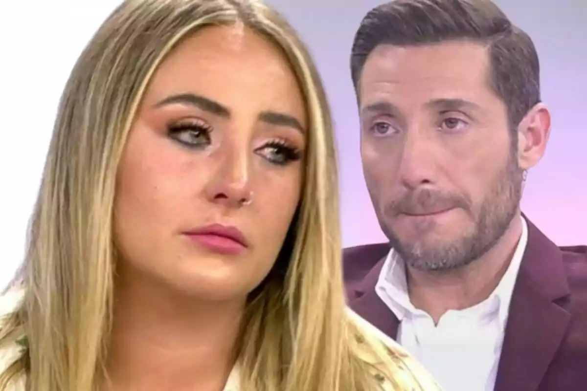 Rocío Flores con expresión seria en primer plano y Antonio David Flores al fondo con mirada pensativa.