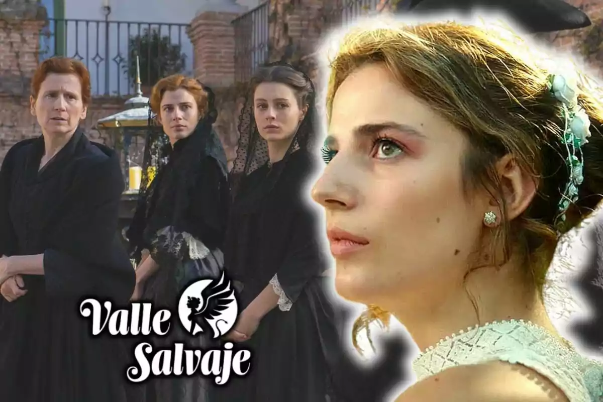 Imagen promocional de la serie "Valle Salvaje" que muestra a cuatro mujeres, tres de ellas vestidas de negro y la actriz Rocío Suárez de Puga en primer plano con un vestido claro y una expresión pensativa.