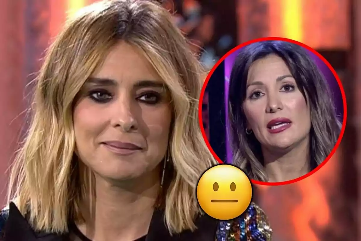 Montaje de fotos de Nagore Robles y Sandra Barneda, ambas en primer plano y con rostro serio, con un emoji de expresión neutral superpuesto.