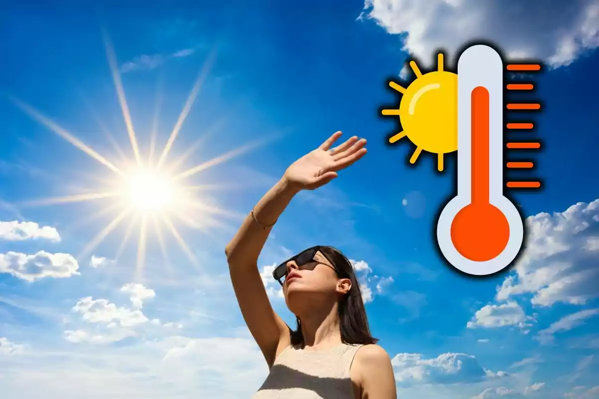 Mujer con gafas de sol se protege del sol con la mano mientras un icono de termómetro y sol indica altas temperaturas en un cielo despejado. Mujer con gafas de sol se protege del sol con la mano mientras un icono de termómetro y sol indica altas temperaturas en un cielo despejado.
