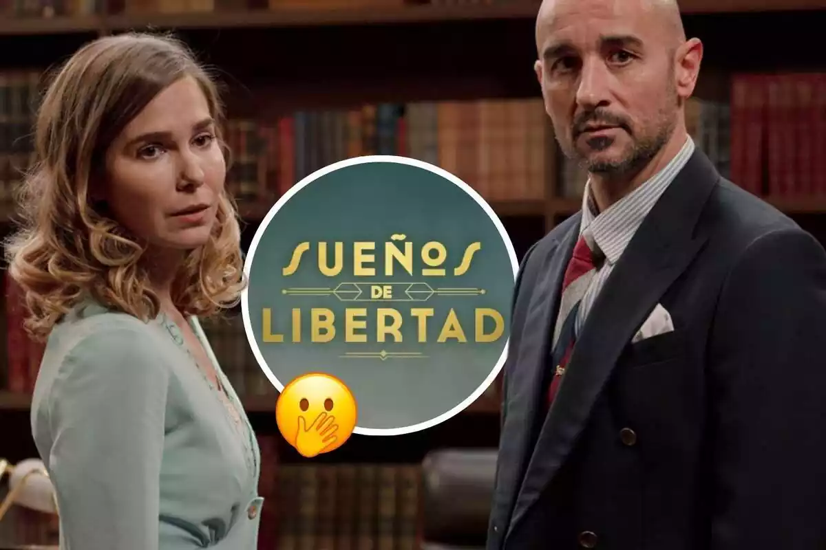 Montaje de fotos con dos de los protagonistas de la serie 'Sueños de Libertad', Begoña Montes y Jesús de la Reina, junto al logo de la serie y un emoticono