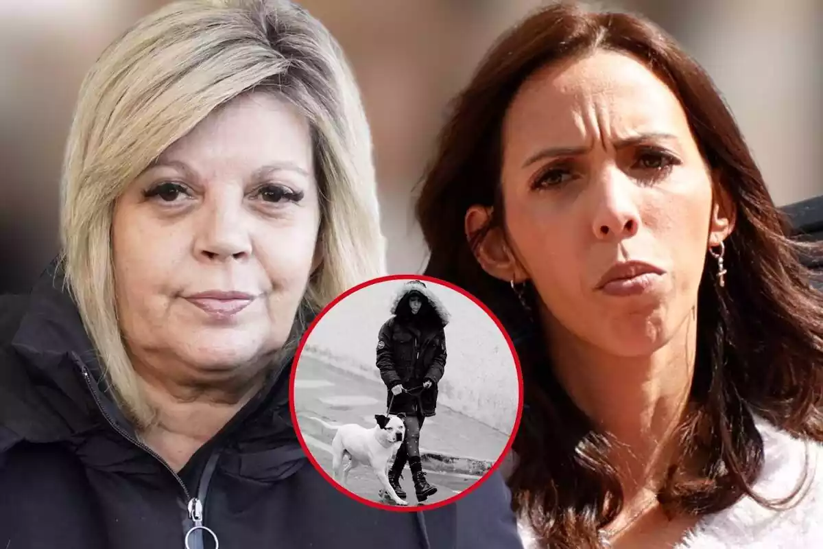 Montaje de fotos de Terelu Campos y Paola Olmedo en primer plano con el rostro serio y una imagen circular reciente de Paola