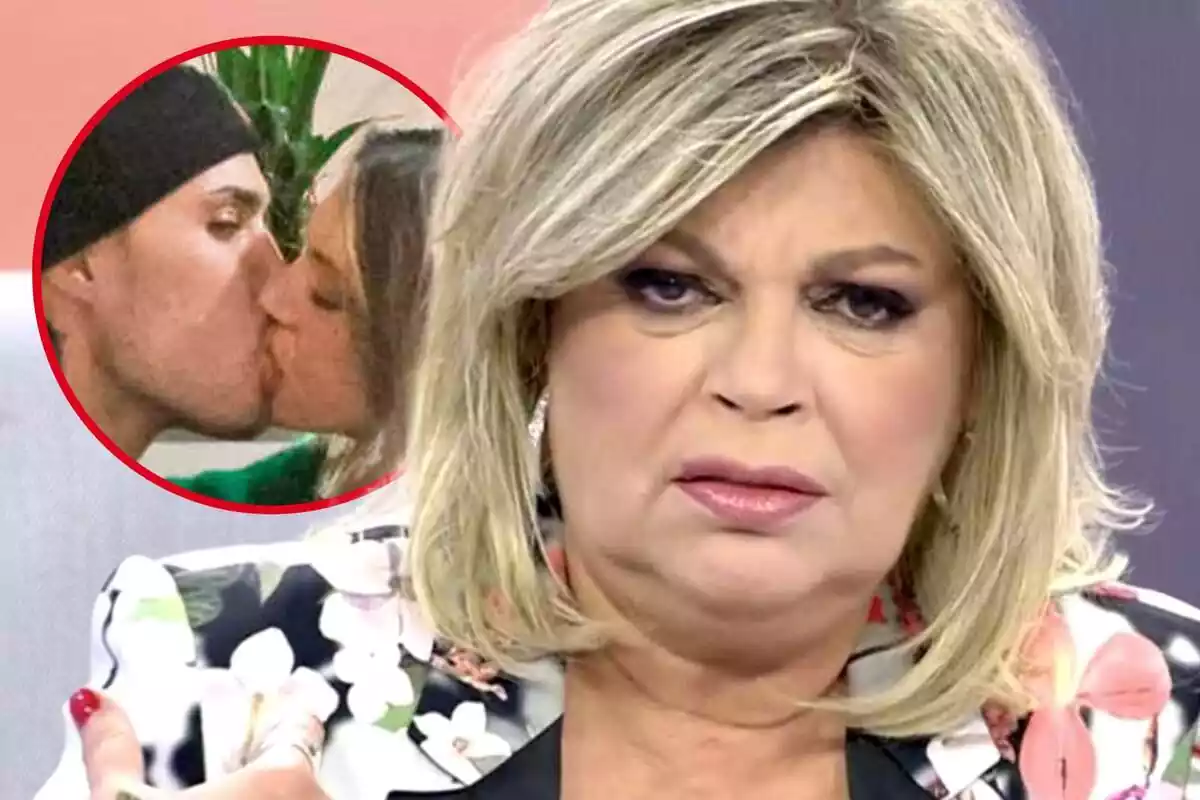 Montaje de fotos de un primer plano de Terelu Campos mirando a cámara con el rostro serio y una captura del beso entre Alejandra Rubio y Carlos Constanzia