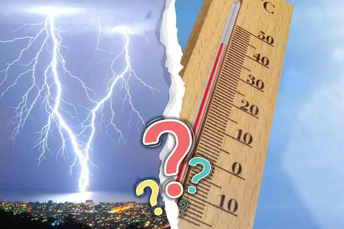 Imagen dividida en dos partes mostrando un rayo sobre una ciudad de noche a la izquierda y un termómetro marcando alta temperatura a la derecha con signos de interrogación en el centro Imagen dividida en dos partes mostrando un rayo sobre una ciudad de noche a la izquierda y un termómetro marcando alta temperatura a la derecha con signos de interrogación en el centro