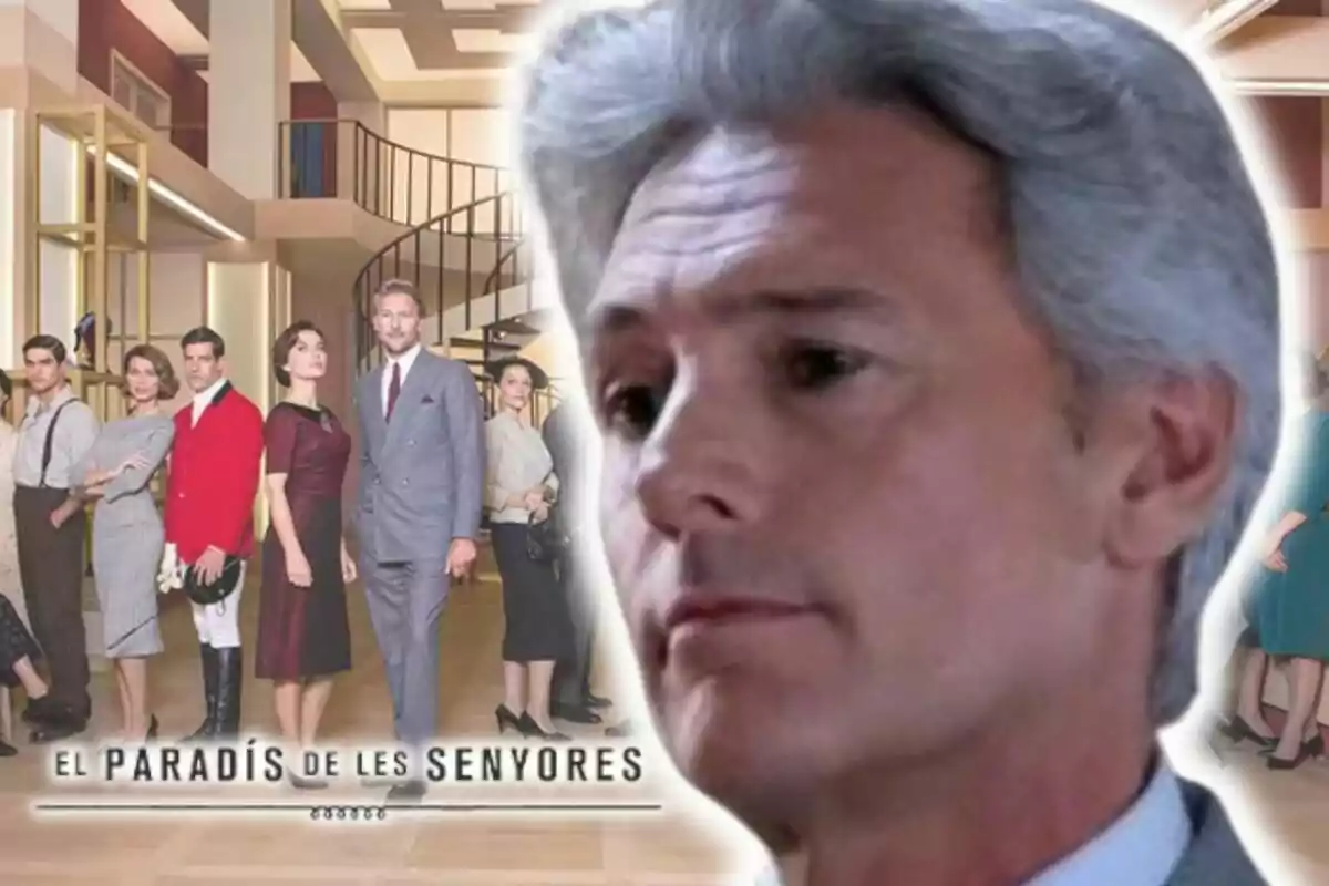 Un grupo de personas elegantemente vestidas posando en un edificio moderno con el actor Roberto Farnesi en primer plano y el título "El Paradís de les Senyores" en la parte inferior.