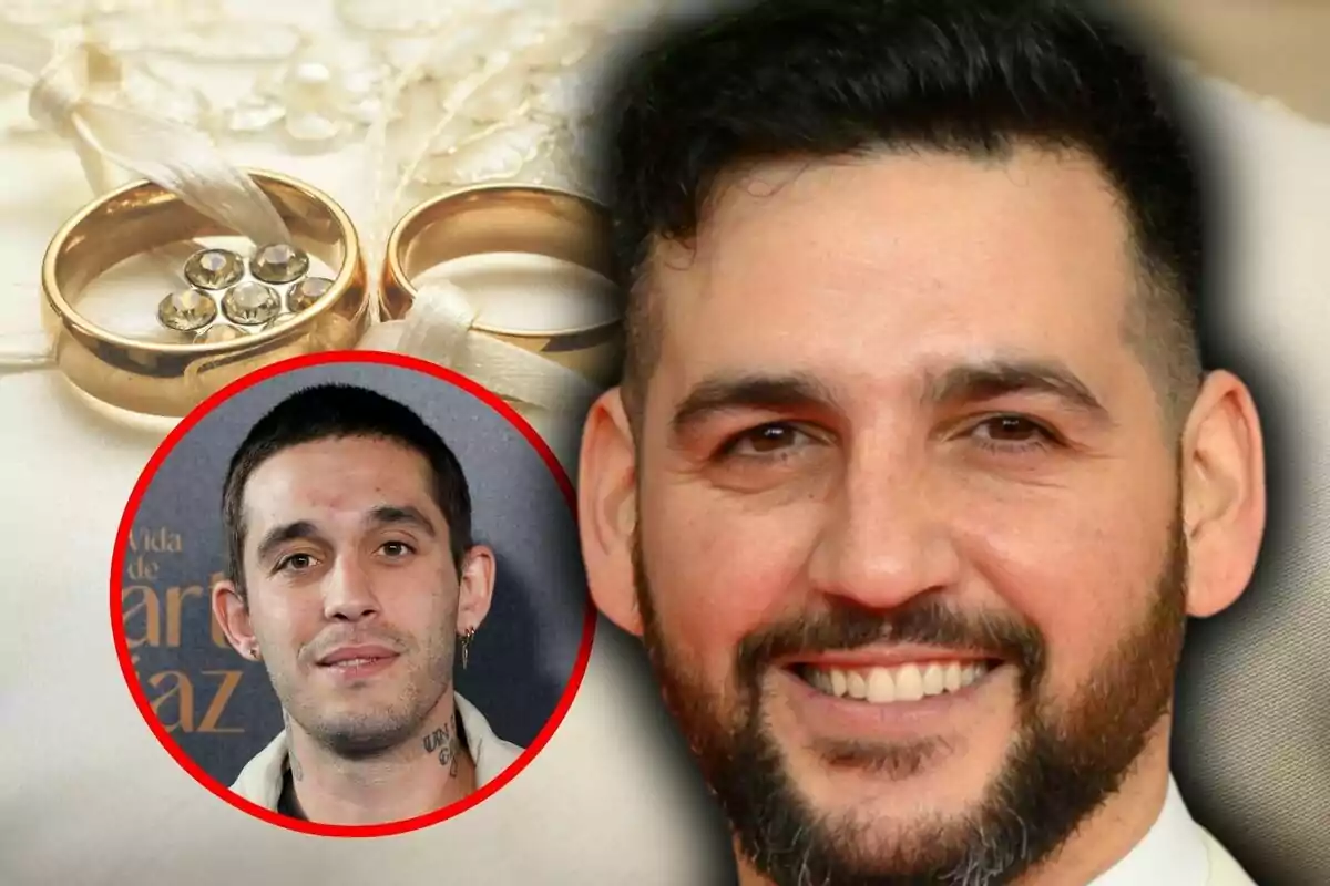 Montaje de fotos de dos anillos de boda dorados con detalles brillantes junto a dos hombres sonrientes: Fran Perea y Víctor Elías.