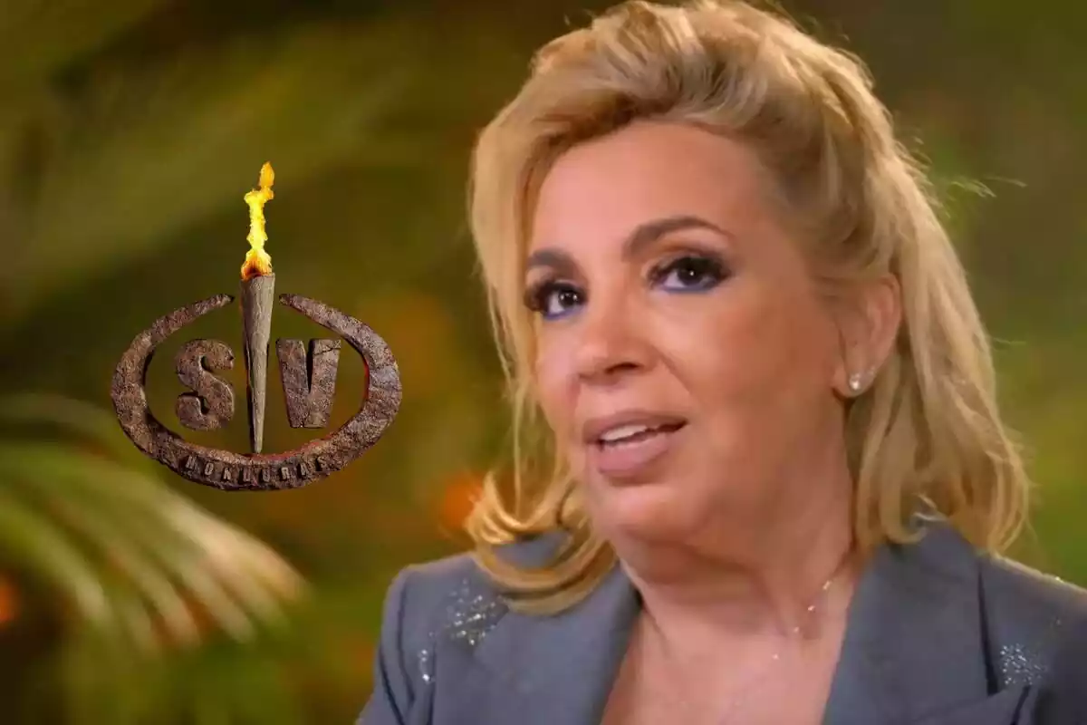Montaje de fotos con una captura del vídeo de presentación de Carmen Borrego en 'Supervivientes 2023' y el logo del programa