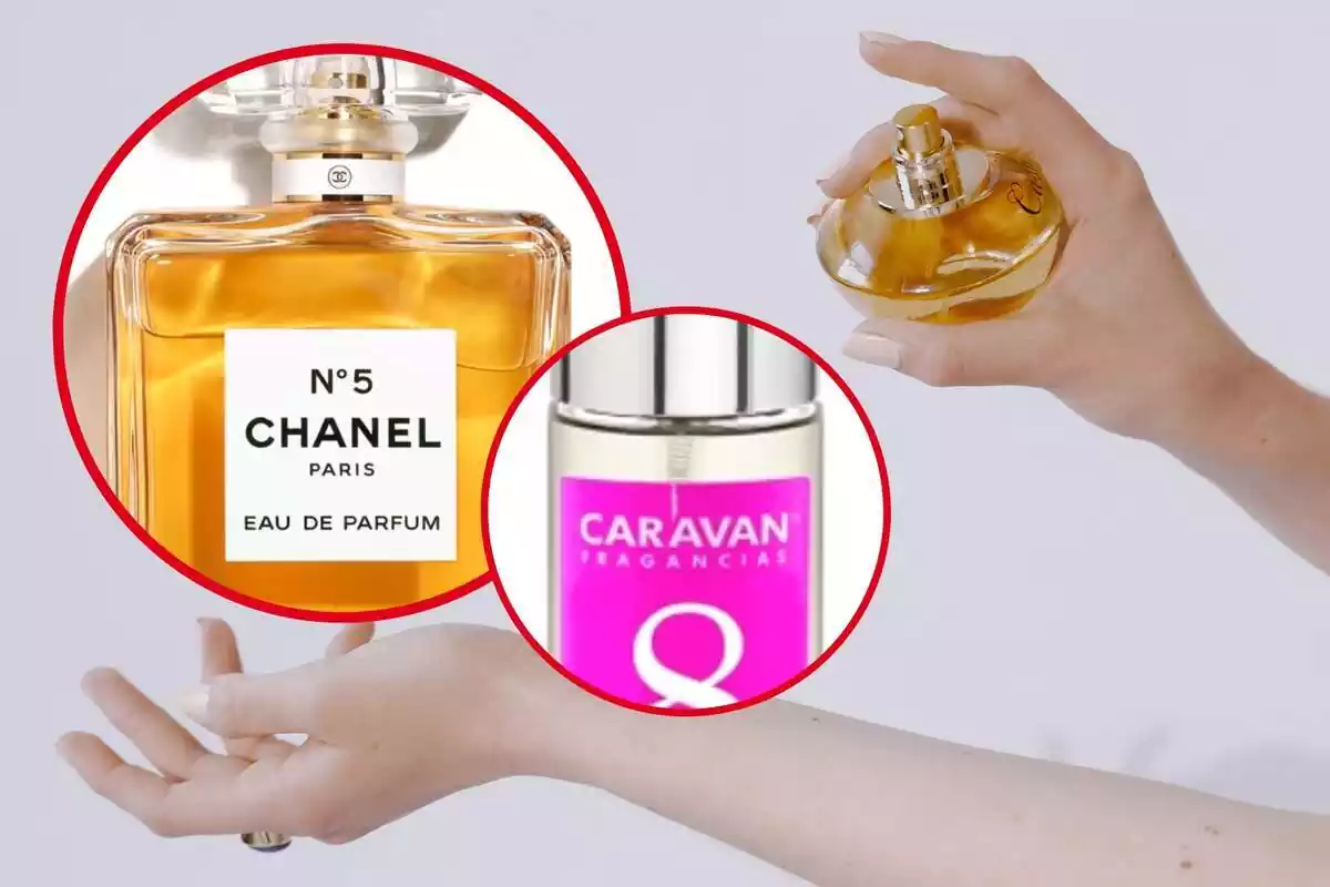 Montaje con unas manos con un bote de colonia y dos círculos, uno con el perfume Chanel Nº5 y otro con la fragancia de Caravan