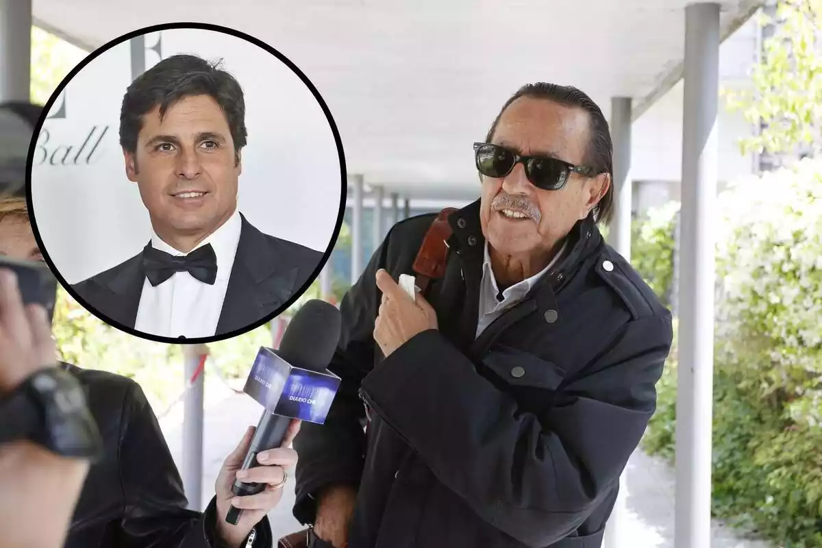 Montaje de Fran Rivera vestido de gala con un esmoquin y una pajarita y de fondo una imagen de Julian Muñoz con gafas de sol respondiendo a la prensa por la calle