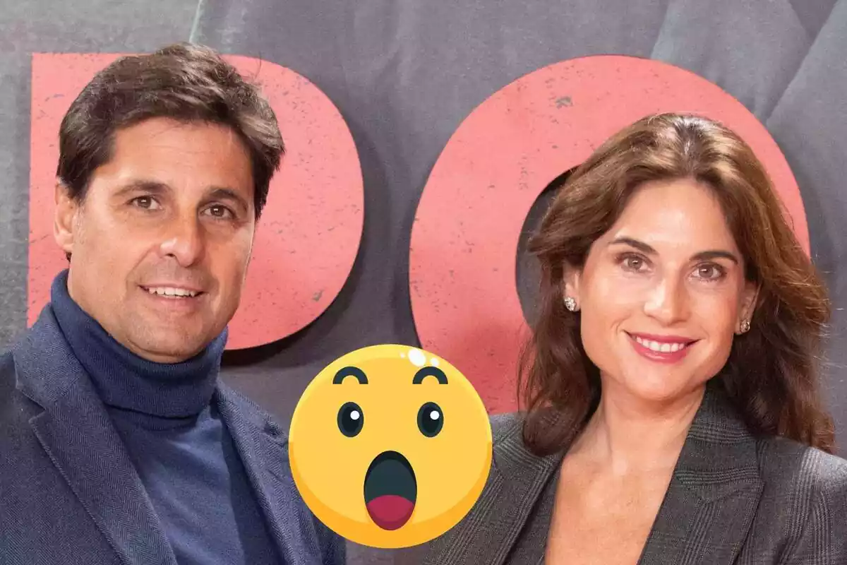 Montaje de Fran Rivera y Lourdes Montes posando juntos en un photocall y un emoji de sorpresa