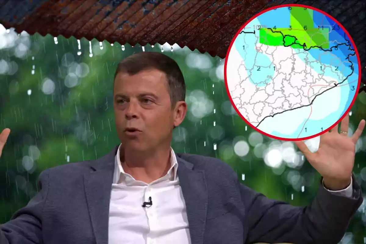 Montaje de Francesc Maurí con las manos levantadas y un tejado sobre el cual cae lluvia de fondo y un círculo con un mapa de previsión de precipitaciones en Cataluña