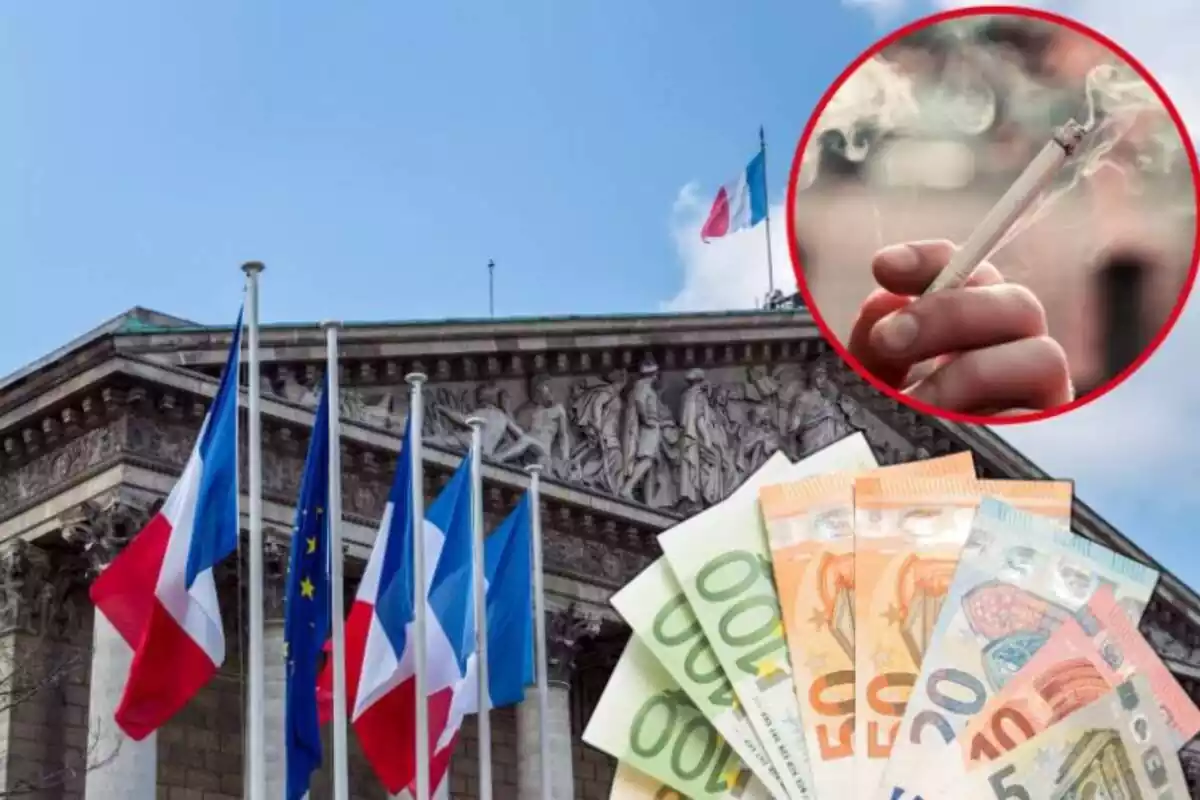 Montaje de la Asamblea Francesa, unos billetes y un cigarrillo