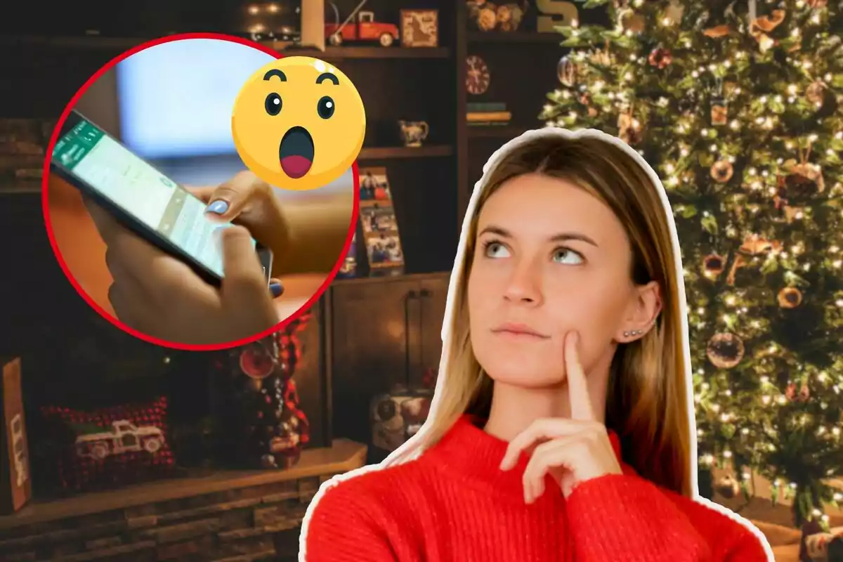 Una mujer pensativa con un árbol de Navidad al fondo y un círculo que muestra un teléfono móvil con un emoji sorprendido.