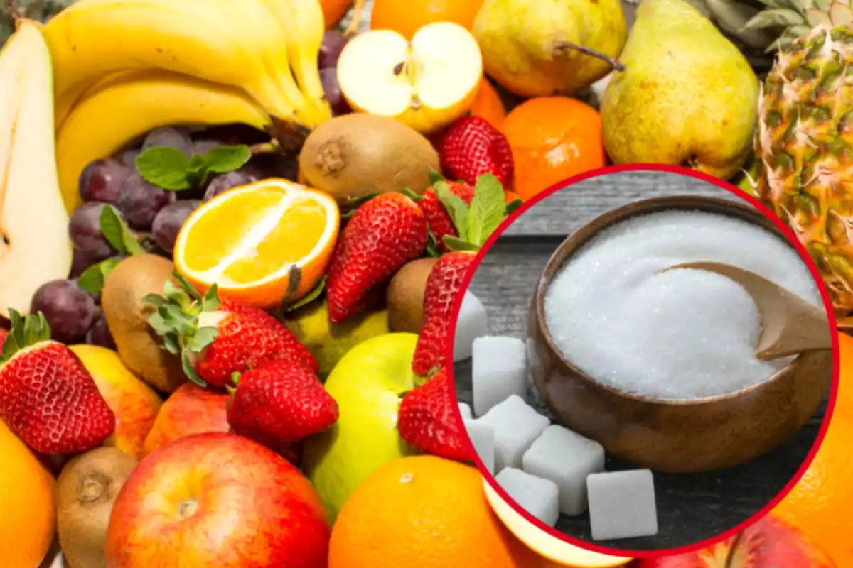 Montaje con varias frutas amontonadas y un círculo con un bol lleno de azúcar y terrones de azúcar al lado