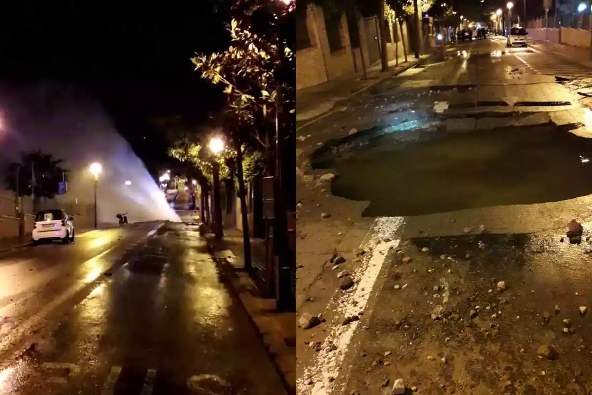 Montaje de dos fotos sobre la fuga de agua de una tuberia en Barcelona y los desperfectos que ha causado