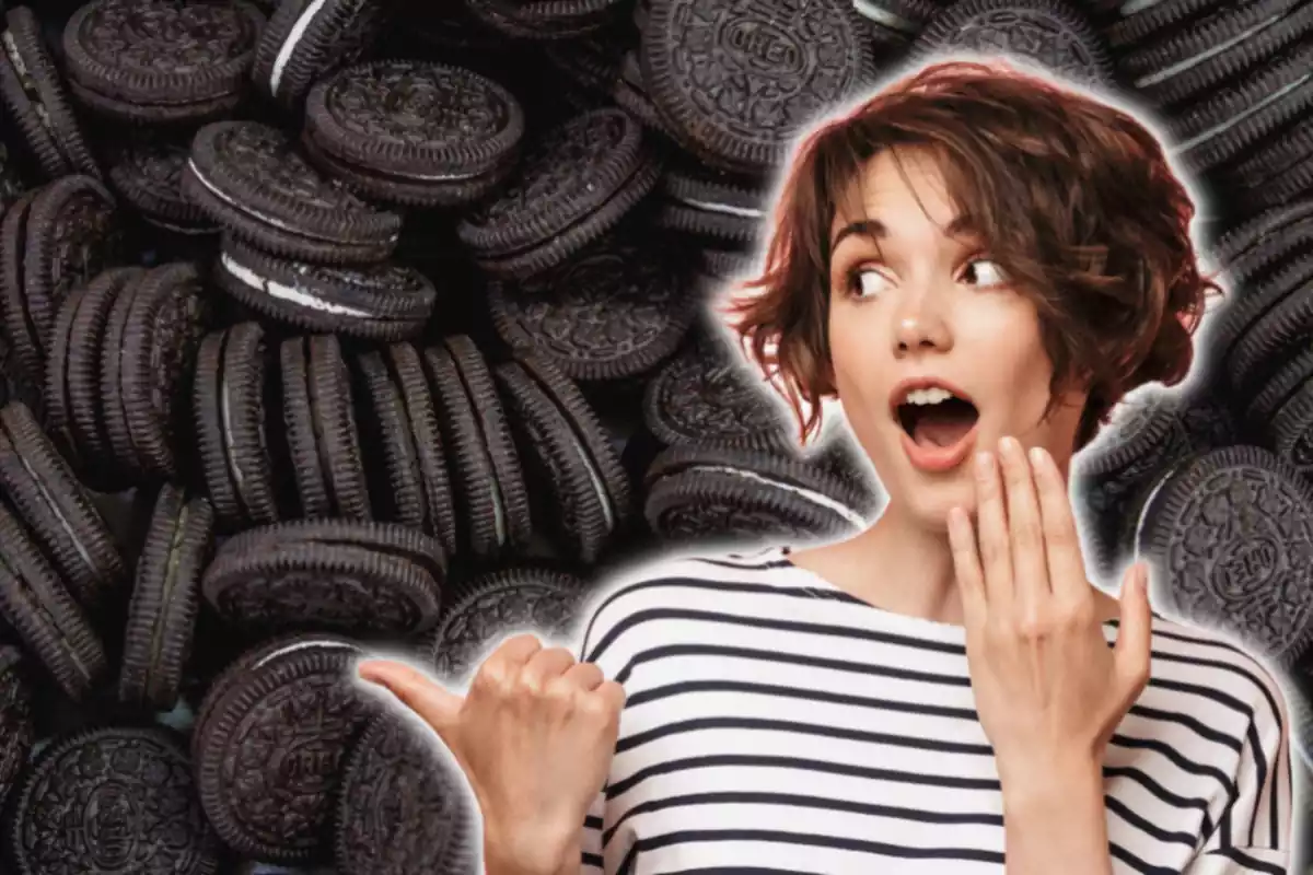 Montaje con varias galletas oreo amontonadas de fondo y una chica con cara de sorprendida