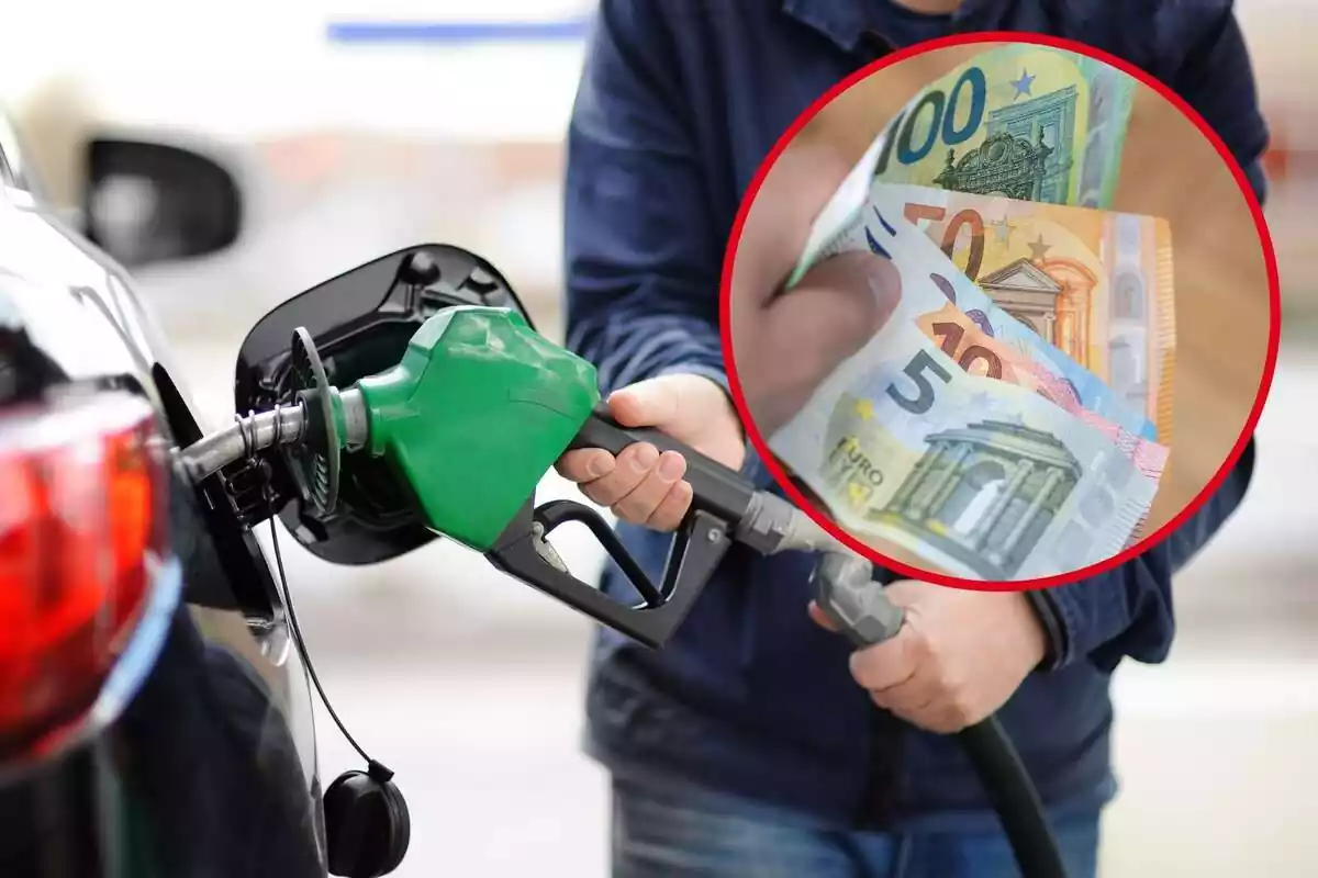 Montaje con una persona echando gasolina en el coche y un círculo con una mano sujetando varios billetes de euro