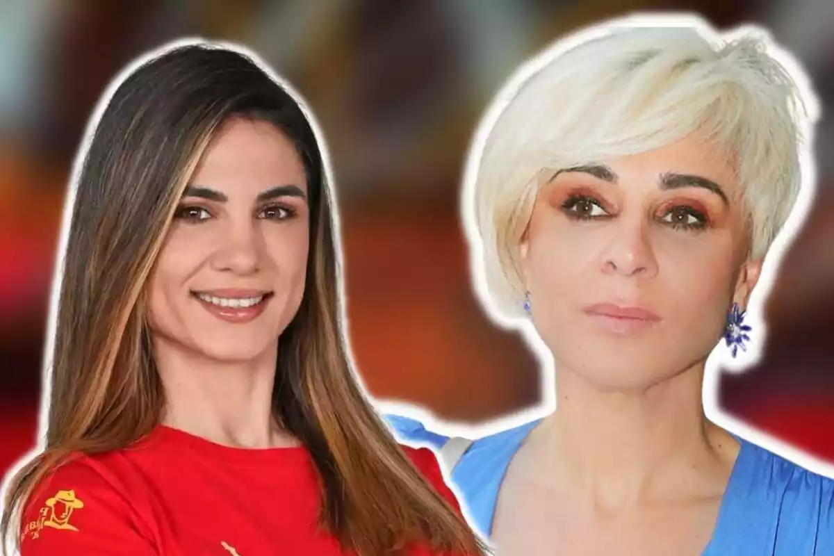 Montaje de Gema Aldón sonriendo en la foto oficial de 'Supervivientes' y Ana María Aldón seria