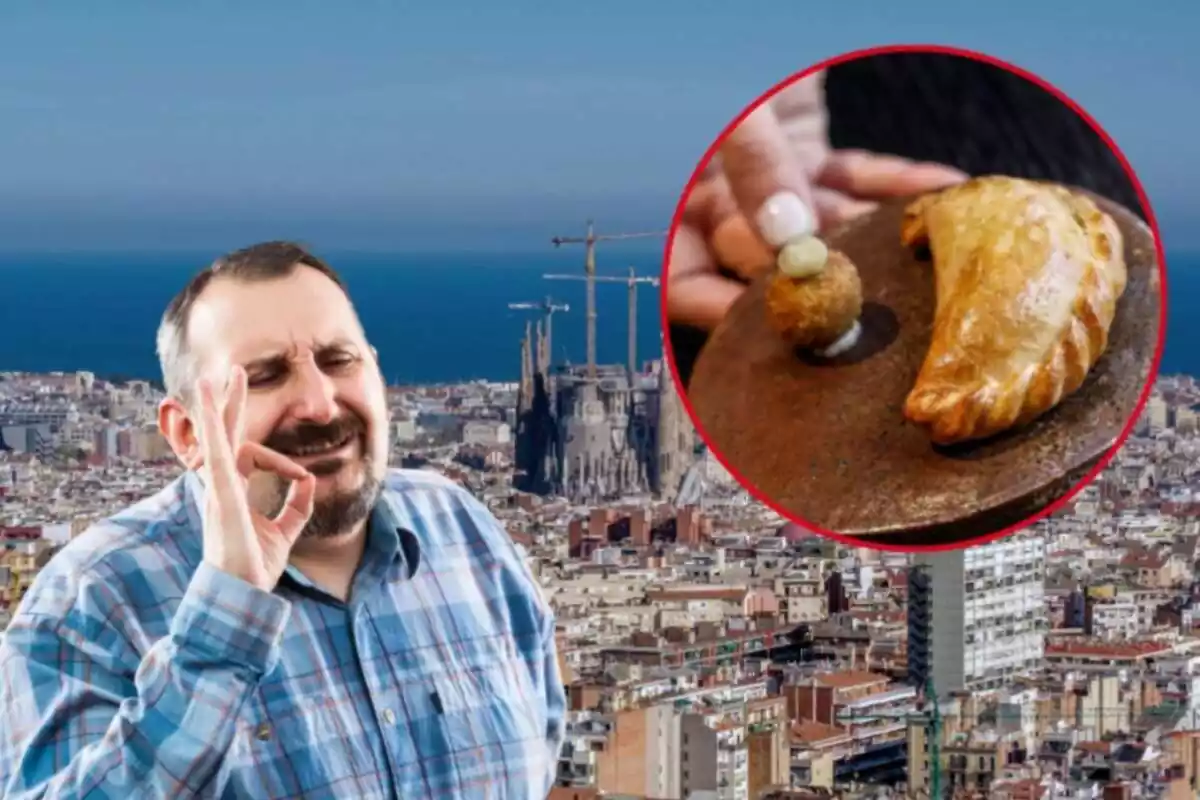 Montaje con un plano general de Barcelona, un hombre con una camisa de cuadros haciendo una señal de perfecto y una empanada