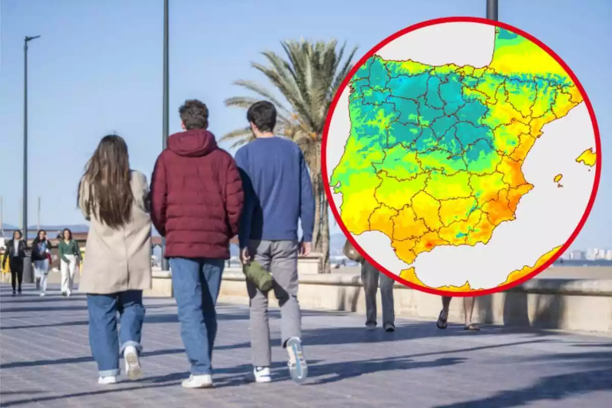 Montaje con gente paseando un día soleado y un círculo con el mapa de temperaturas máximas de la AEMET