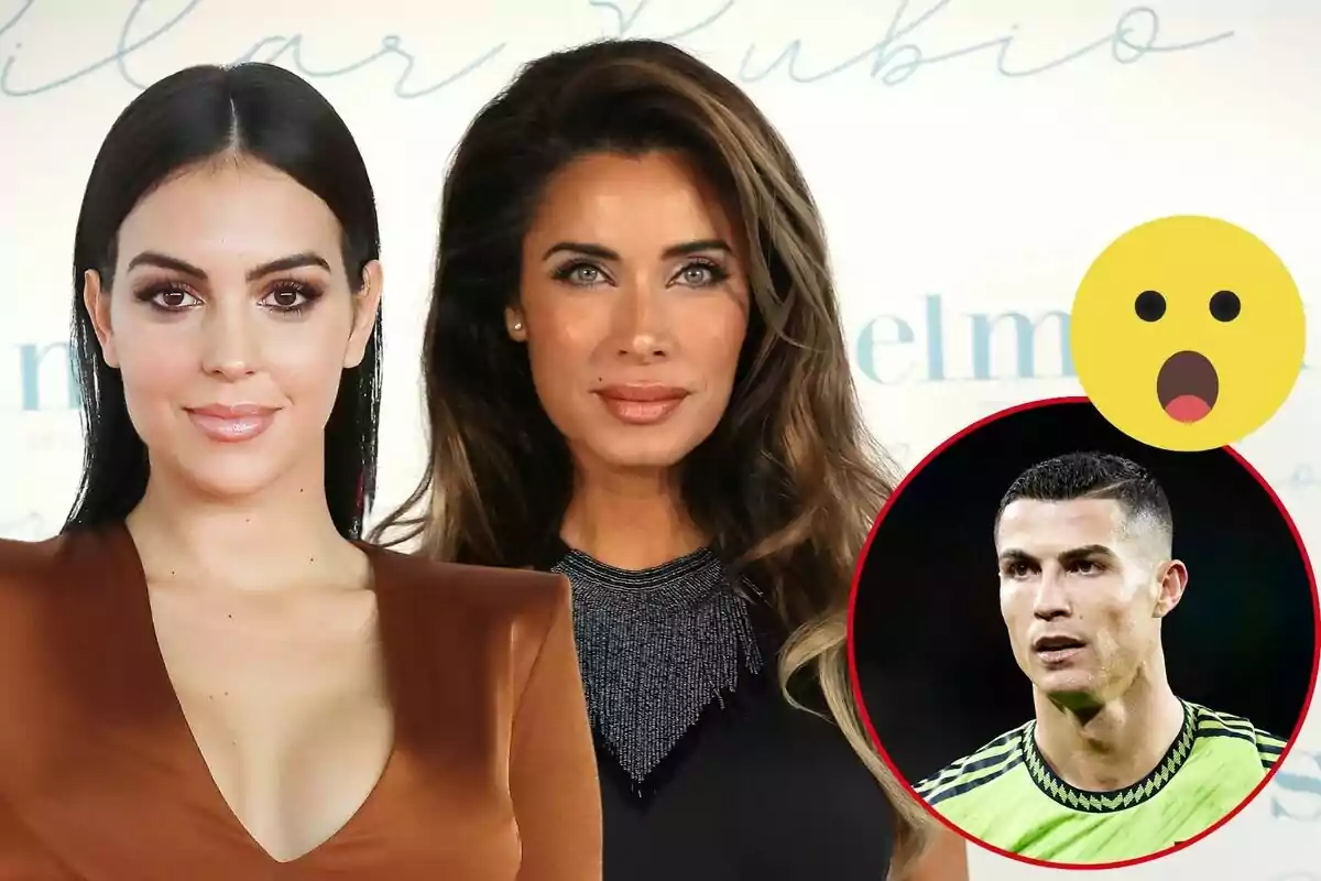 Georgina Rodríguez y Pilar Rubio posan para una foto, mientras que en la esquina inferior derecha hay una imagen circular de Cristiano Ronaldo con una camiseta deportiva y un emoji de cara sorprendida.