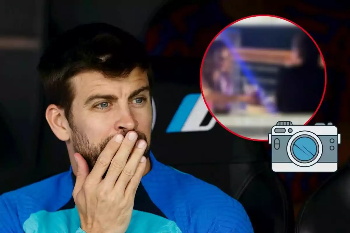 Gerard Piqué con la mano en la boca y una imagen borrosa en un círculo rojo en la esquina superior derecha.